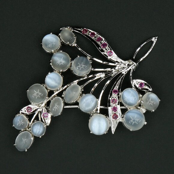 Jewelry - Vintage Rhodium Plated Red Rubies Moonstones Openwork Floral Spray Brooch 1940s